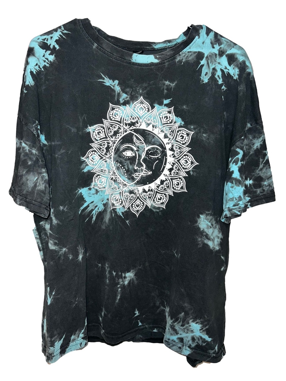SHEIN Tie-Dye Sun & Moon Graphic Tee - Black with Teal Accents